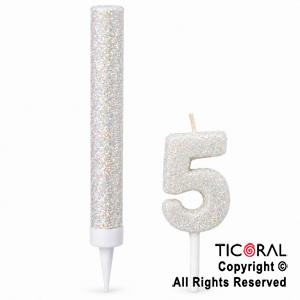 SET BENGALA Y VELA NUMERAL NUMERO 5 CON GIBRE BLANCO